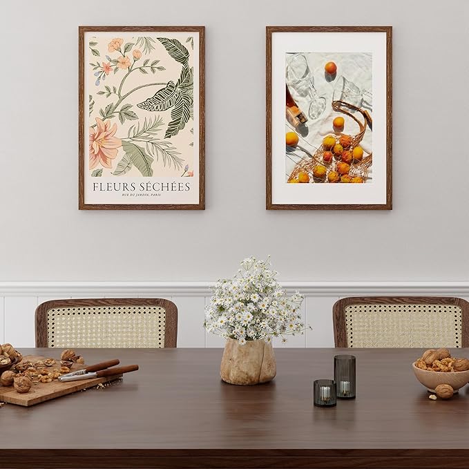 16x24 Picture Frame, 16 x 24 Poster Frames Set of 2, 16x24 Frame Solid Oak Wood & Tempered Glass, 16 x 24 Picture Frame with Mat for 12 x 18, Rustic Wooden 16"x24" Frames, Walnut Color