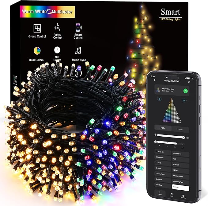 Brizled Smart Christmas Lights, 98.4FT 300 LED Color Changing Christmas Lights with APP/Voice Control, Warm White & Multicolor Fairy String Light Music Sync Xmas Tree Light for Indoor Outdoor Decor