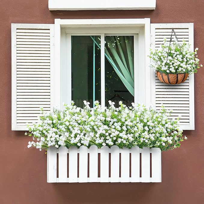 Sggvecsy Artificial Flowers for Outdoors 24 Bundles UV Resistant Boxwood Shrubs Artificial Eucalyptus Fake Plants Faux Plastic Greenery for Farmhouse Garden Home Indoor Outdoor Decoration（White）