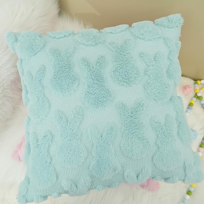 GEEORY Easter Bunny Soft Plush Pillow Covers, 18 x 18 Inch Set of 2, Fluffy Faux Fur Wool Decorative Farmhouse Cushion Case for Sofa Home Decoration Blue GC014-18