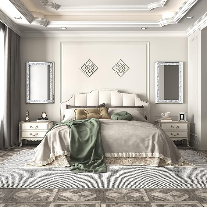 Crystal Decorative Mirror-36 x24 Gorgeous Silver Mirror, Crush Diamond Mirror for Wall Decoration Bedroom, Bathroom, Dining Room and Living Room