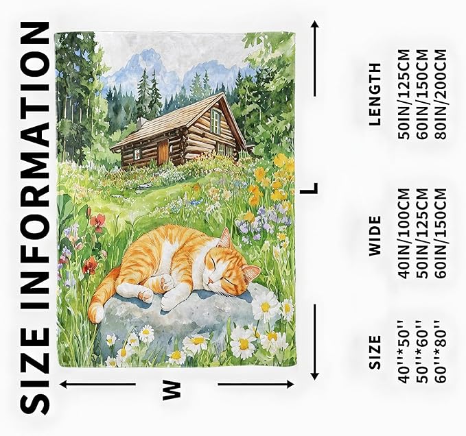 Sleeping Cat Blanket, Cozy Flannel Tabby with Log Cabin Throw Blanket, Soft Fuzzy Blankets for Travel Home Decor, All Season Lightweight Couch Bed Cover, Gifts for Women Adults Kids 50"×60"