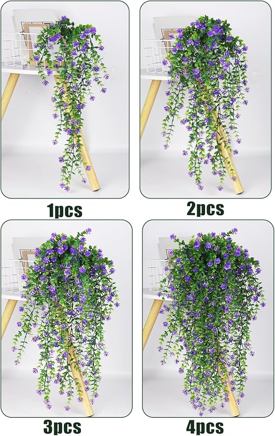 SJL Hanging Greenery 4pcs Realistic Artificial Plants Indoor Artificial Hanging Plants Outdoor Fake Eucalyptus Faux Ivy Plastic Flowers Leaves Decor for Bedroom Porch Wall (Purple)