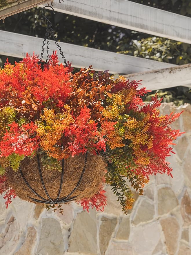 12Pcs Artificial Fall Flowers for Outdoor Decoration UV Resistant Fake Plastic Plants Faux Cedar Seaweed Eucalyptus for Autumn Full Indoor Garden Patio Fireplace Window Box Kitchen Home Decor