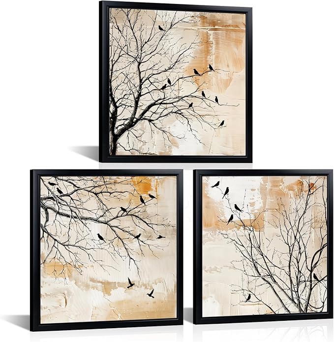 LoveHouse Bird on Tree Branch Canvas Wall Art, Black Framed Canvas Prints, Bird Pictures Wall Decor Modern Nature Decor for Home Office Hallway 12x12 Inchx3 Pcs