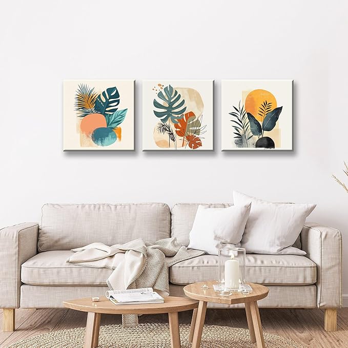 NAN Wind 3 Panels Modern Abstract Tropical Canvas Wall Art Colorful Leaf Prints Contemporary Botanical Art for Living Room Minimalist Plant Decor Geometric Palm & Monstera Leaf Paintings Home Decor