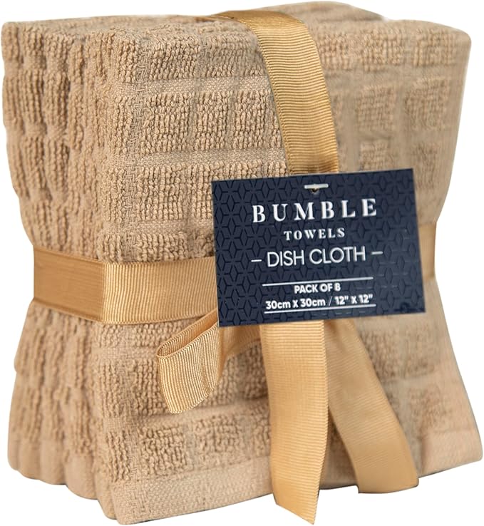 Premium Dish Towels (12”x 12”, 8 Pack) | Cotton Kitchen Hand Towels | Kitchen Towels | Highly Absorbent Tea Towels Set | Tan