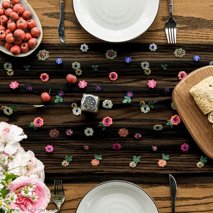 Artoid Mode Black Embroidery Daisy Gauze Table Runner 120 Inch 10FT, Seasonal Sheer Kitchen Dining Holiday Wedding Birthday Table Decor for Home Party