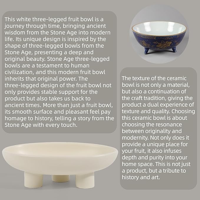 Luxurious Fruit Bowl Three-Legs Ceramic Fruit Bowl for Kitchen Counter, 10 Inch Fruit Basket Decorative Candy Bowl for Table Décor, Oval Large Bowls Key Bowl Home Table Décor (Crème 10 Inch)
