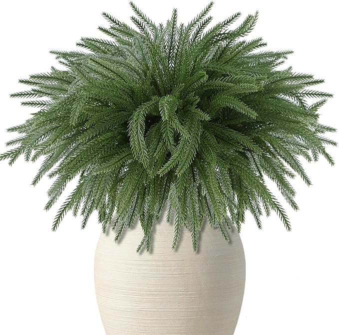 DR.DUDU 12 Pack Christmas Norfolk Pine Stems-18 Real Touch Artificial Christmas Greenery for DIY Wreaths, Garland & Holiday Decor, Xmas Tree Filler Branches for Vases, Mantel Tabletop Decorations