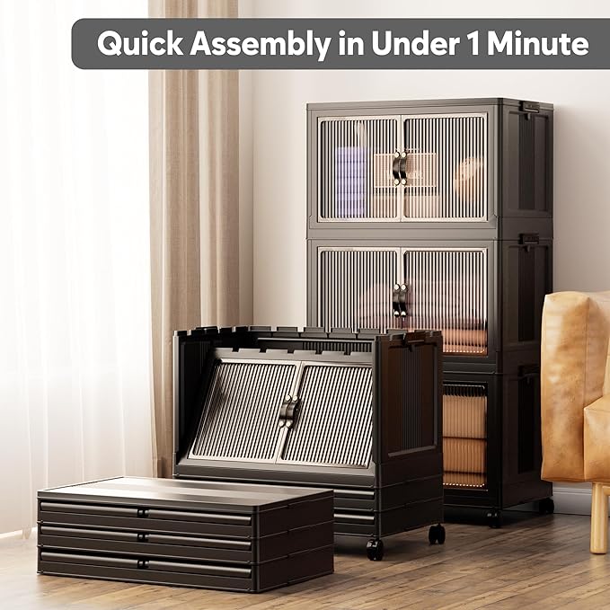 Jalove 50QT Plastic Storage Bins with lids, Stackable Collapsible Storage Containers with Wheels, Closet Organizer and Storage Drawers, Clothes Storage Cabinet for Home Office Garage, 3 Pack Black