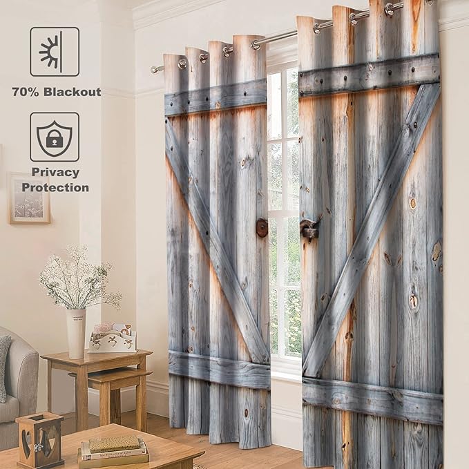 Jekeno Wood Barn Door Blackout Curtains Rustic Farmhouse Wooden Door in Retro Color Oak Board Countryside Village Rural Decor for Bedroom Living Room Grommet Window Drapes 2 Panel Set, 52"x84"