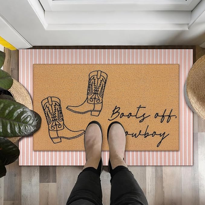 2 Pcs Fall Door Mat Western Cowboy Welcome Non Slip Coir Mats Pink Stripe Floor Layering Doormats Seasonal for Front Porch Entryway Decor(Cowboy)