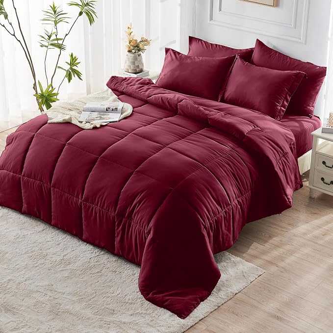 JOLLYVOGUE King Comforter Set, Ultra-Soft Bed in a Bag King Size 7 Pieces, Oeko-TEX Certified Bedding Set with Down Alternative Comforter, Sheets, Pillowcases & Shams, Burgundy