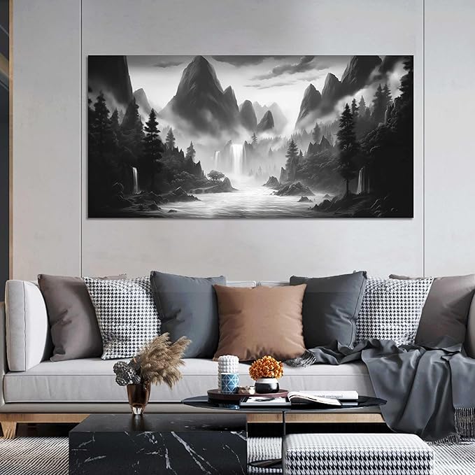 Mountain Pictures for Living Room Black and White Canvas Wall Art for Office Forest Wall Decor for Bedroom Size 29" x 58"