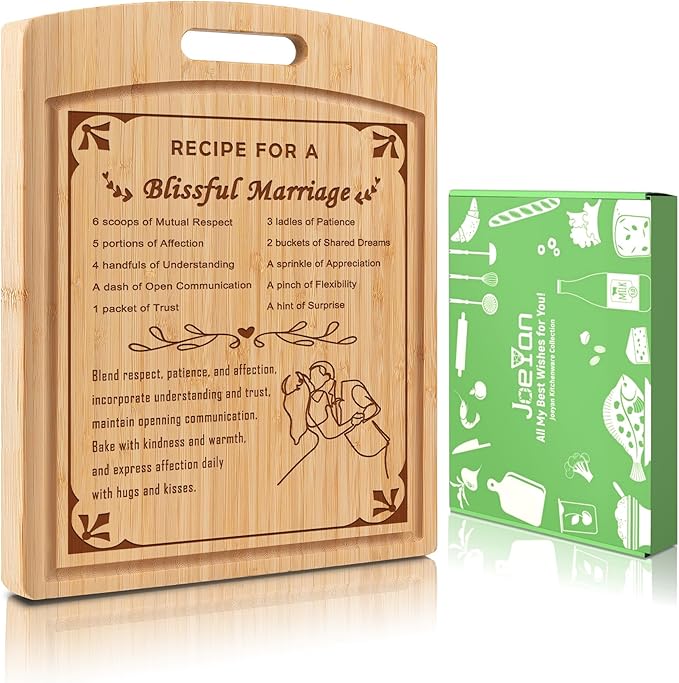 Joeyan Cutting Boards Wood Engraved Marriage Recipe Present for Wedding Engagement New Couples 2025 Bride Groom Bridal Shower Registry Anniversary Newlyweds Mr Mrs with Gift Box Double Side Grooves