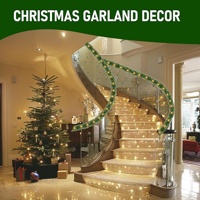 TW SHINE 30 FT Pre-Lit Christmas Garland Decorations, 100 LED Lighted Artificial Pine Garlands with 8 Modes, Green Garland for Indoor Outdoor Door Home Stairs Holiday Decor, Warm White