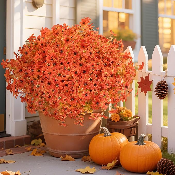 SHareconn 20 Bundles Artificial Fall Mums Flowers for Outdoors Decoration, Fake Silk Daisy Realistic Faux Plants UV Resistant for Planter Home Porch Patio Autumn Indoor Outside Decor,Autumn Orange