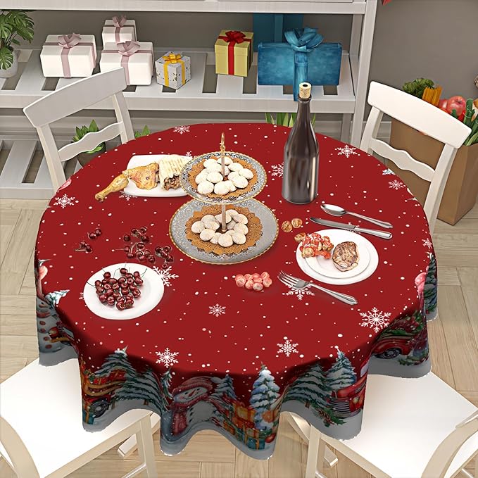 Kawani Christmas 60 Inch Round Tablecloth Red Snowman Round Table Cloth Decor for Home Xmas Truck Decorative Dining Table Cover for Winter Holiday Farmhouse Party Picnic Decor