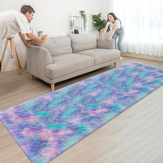 Super Soft Fluffy Living Room Area Rug 3x10 ft Purple Rainbow Tie-Dyed Shaggy Furry Carpet Washable Non-Slip Carpets Bedroom Bedside Nursery Rug Cute Colorful Room Decor for Girls