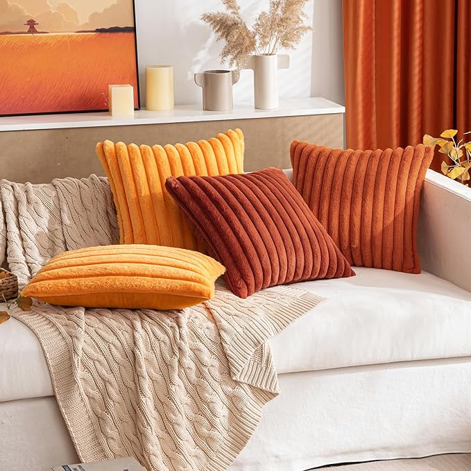 MIULEE Fall Faux Fur Decorative Throw Pillow Covers 20x20 Inch Set of 2, Retro Vintage Boho Home Decor Soft Plush Couch Pillows Cozy Fluffy Cushion Covers for Sofa Bed Burnt Orange