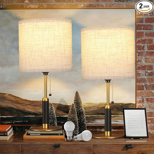 18.9" Set of 2 Small Vintage Table Lamp Bedside Lamps for Bedroom Nightstand Lamp for Living Room 3-Color Temperatures Pull Chain Wood Fabric for Home Office Dorm Decor (Light Brown+Brass)