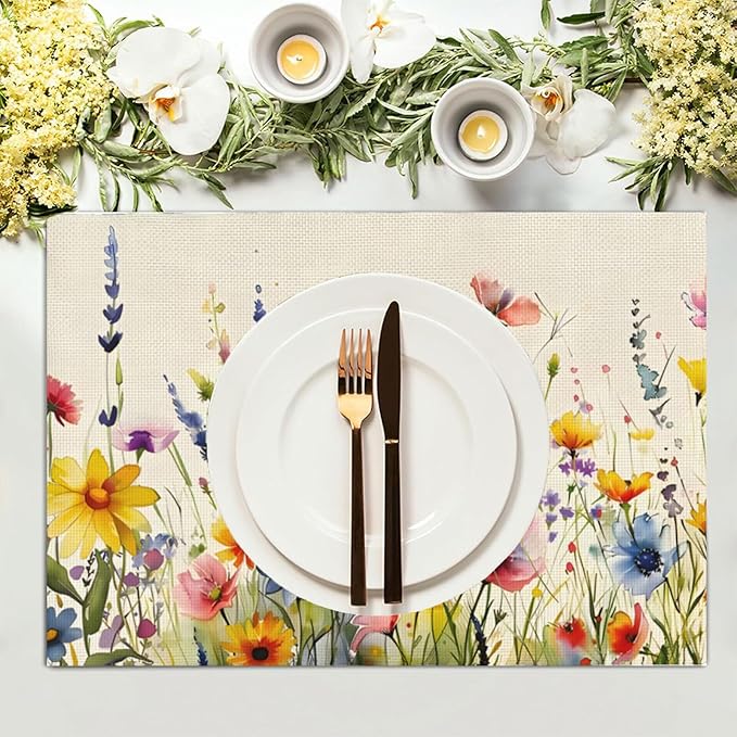 Daisy Lavender Floral Spring Garden Placemat Set of 4,12x18 Inch Garden Plants Linen Washable Fabric Table Mats for Holiday Decoration Kitchen Dining Table Place Mats