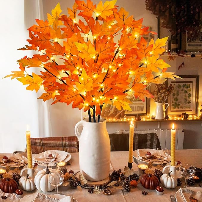 3Pcs 30”Lighted Maple Leaves Branches Stems with Timer Battery Operated 60 LEDs Fall Artificial Maple Branches with Lights for Vases Autumn Home Thanksgiving Halloween Christmas Decoration
