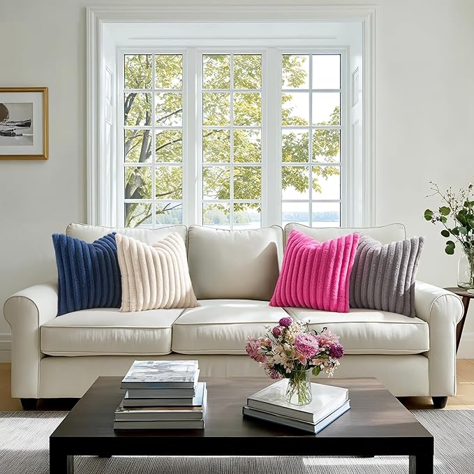 MIULEE Faux Fur Large Decorative Throw Pillow Covers 24x24 Inch Set of 2, Retro Vintage Boho Home Decor Soft Plush Couch Pillows Cozy Fluffy Cushion Covers for Sofa Bed Hot Pink