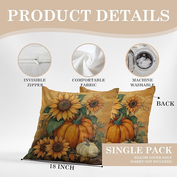 Vintage Fall Sunflower Pumpkin Pillow Covers 18x18,Autumn Pillow Cases Decor,Fall Autumn Pumpkin Decorative Cushion Covers for Home Bedroom Living Room