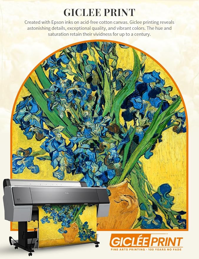 DECORARTS - Vincent van Gogh's Irises in a Vase, Museum-Quality Giclee Canvas Print in Gold Solid Wood Frame, 34.75 x 28.75 in, Ready to Hang, Made in USA