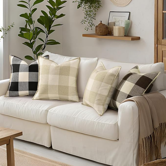 decorUhome Christmas Buffalo Plaid Check Throw Pillow Covers 12x20 Set of 2, Outdoor Lumbar Linen Decorative Farmhouse Gingham Pillow Covers with Stitched Edge for Bed Couch Sofa, Black and White