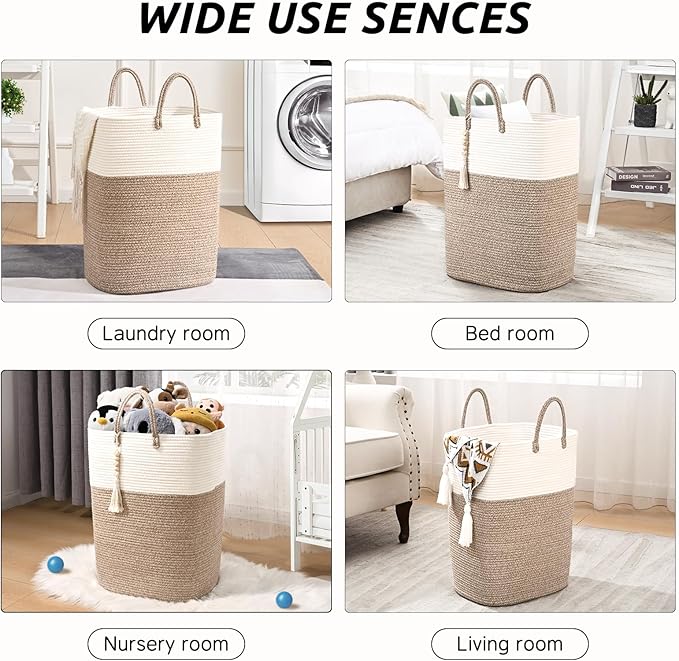 Woven Laundry Basket for Clothes, 100L Large Rectangle Laundry Hampers with Beads Tassel, Nursery Storage Basket for Toys, Tall Dirty Clothes Hamper for Bedroom Aesthetic, Laundry Room Organization