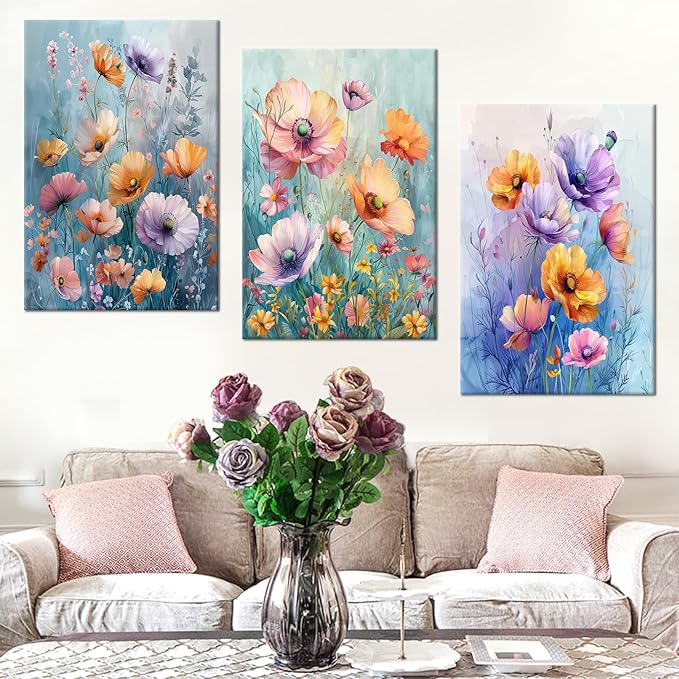 Flower Canvas Print Wall Art Home Decor Modern Colorful Wildflowers Large Size Posters Plant Theme Picture Painting Artwork for Living Room Gym Office Wall Decoration Ready to Hang [72''W x 36''H]