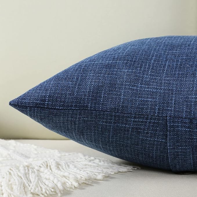 HAUSSY Navy Blue Linen Decorative Throw Pillow Covers 22x22 Inch Set of 2,Square Cushion Case with 3 Vintage Buttons,Modern Farmhouse Home Decor for Couch,Bed