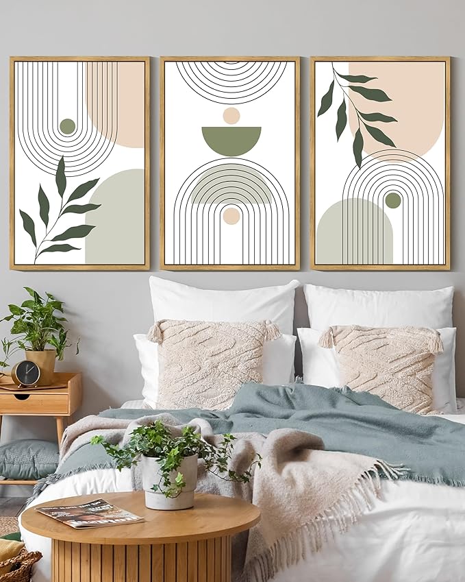 KUVIOKE Boho Green Sage Neutral Wall Art Framed Bohemain Botanical Geometric Modern Wall Prints Decor Ready to Hang 16x24in (Natural Framed)