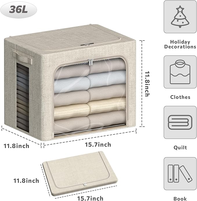 4 Pack Clothes Storage Bins with Metal Frame - 36L Stackable Storage Box with Lid，Foldable Storage Container Organizer for Clothes，Linen Fabric Storage Box with Clear Window＆Zippers＆Handles