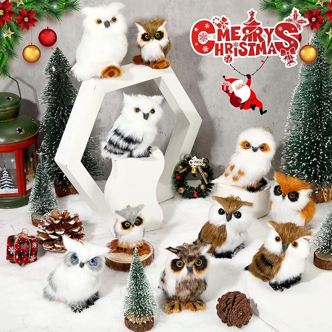 Skylety 10 Pieces Forest Animals Ornaments Woodland Animal Faux Fur Plush Hanging Ornaments Family Educational Playset for Fall, Christmas, Winter Birthday Party Supplies(Owls)