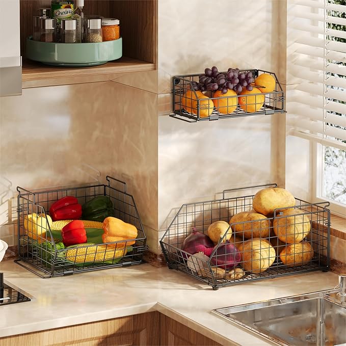 3-Tier Fruit Basket for Kitchen Counter, Stackable Wire Baskets Wall, Potato and Onion Storage Bins, Pantry Organizers and Storage for Potato, Onion, Produce, Fruit, Vegetable, Snack