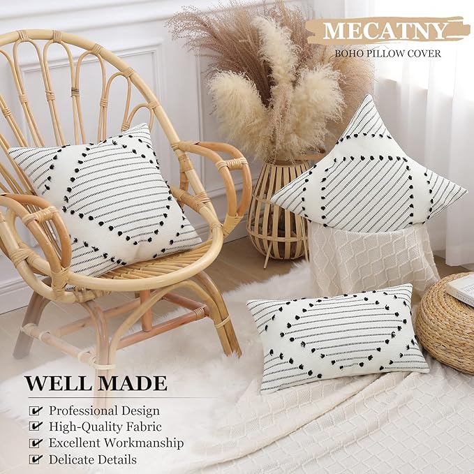 Mecatny Boho Outdoor Throw Pillow Covers 18X18 Set of 2, Farmhouse Decorative Pillow Covers for Couch Sofa Living Room, Black & Cream White