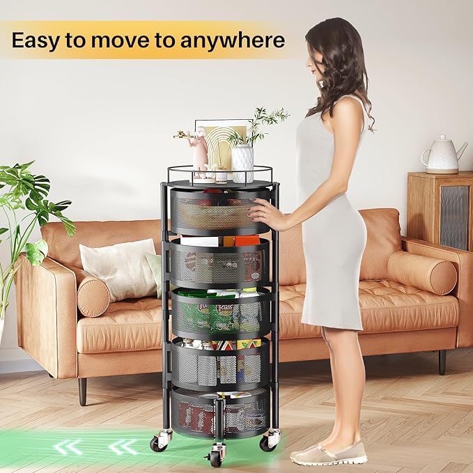 SNTD Fruit and Vegetable Basket Bowls for Kitchen with Metal Top Lid, 5 Tier Rotating Storage Rack Cart for Potato Onion Bread Banana, Wire Basket Organizer on Wheels, Large, Black