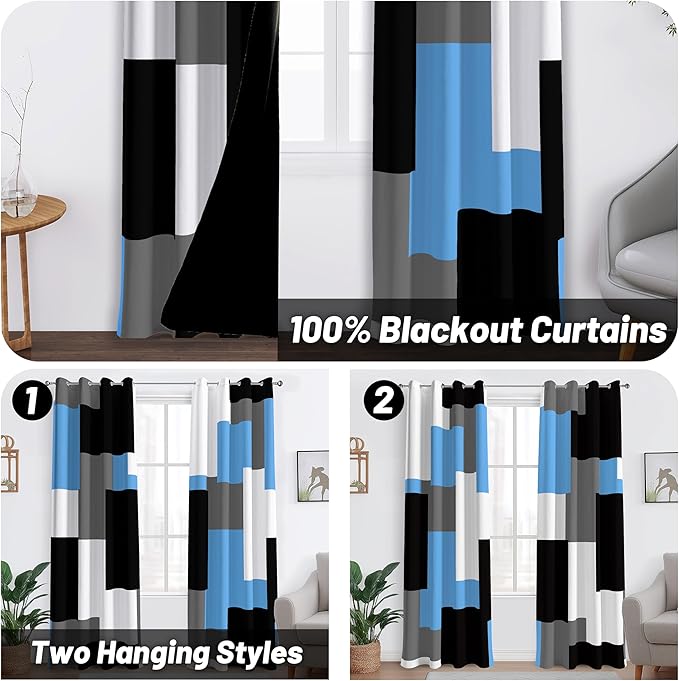 Light Blue 100% Blackout Curtains for Bedroom 96 inch Length 2 Panels Set White Grey Modern Abstract Geometric Black Out Curtains Insulated Room Darkening Window Drapes for Living Room, 52Wx96L
