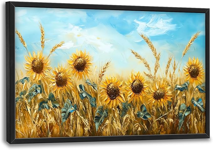 Olivine Large Wall Art, Sunflower Pictures Wall Decor, Sunflower Wheat Painting, Nature Landscape Canvas Prints, Framed Artwork for Living Room Bedroom Bathroom Office Home Decoration 36"x24"