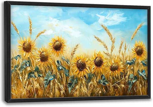 Olivine Large Wall Art, Sunflower Pictures Wall Decor, Sunflower Wheat Painting, Nature Landscape Canvas Prints, Framed Artwork for Living Room Bedroom Bathroom Office Home Decoration 36"x24"