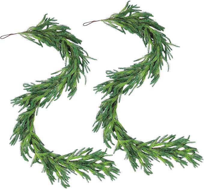 2 Pcs 6 Ft Christmas Norfolk Pine Garlands, Real Touch Faux Pine Garland, Realistic Green Fake Greenery Garland for Christmas Table, Mantle, Wall, Outdoor Holiday Winter Decorations(2, 6 FT)
