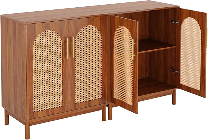 Tribesigns Set of 2 Rattan Sideboard Buffet with Storage, 59 Inch Accent Cabinet with Doors, Storage Cabinet for Dining Room, Living Room, Kitchen, Caramel Brown