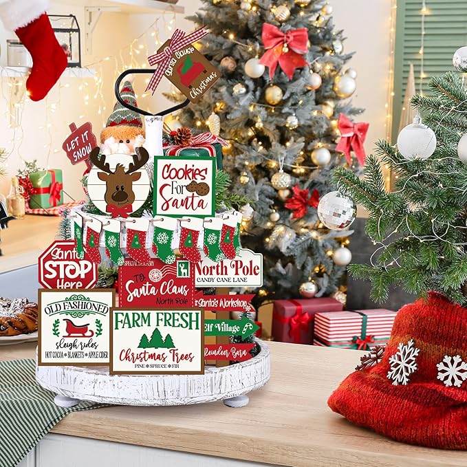 17 Pcs Christmas Tiered Tray Decor Set Winter Tiered Tray Decorations Farmhouse Tabletop Centerpiece Christmas Wooden 3D Sign for Xmas Home Buffalo Plaid Rustic Table Decoration(Bright)