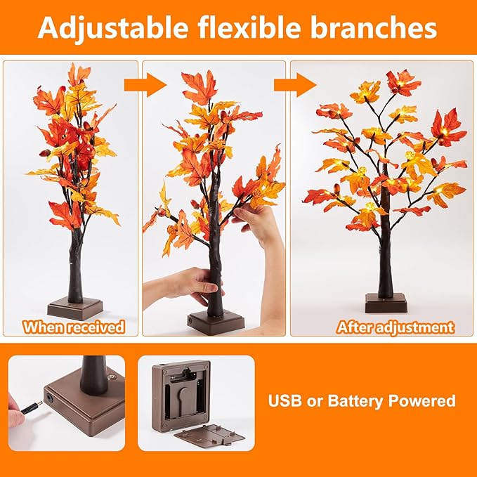 Fall Decor 2 Pack 24 Inch Maple Tree Lights - 48 LED Autumn Decorations with Pumpkins & Acorns, Timer, USB & Battery Powered - Thanksgiving Decorations for Home Table Indoor Fireplace