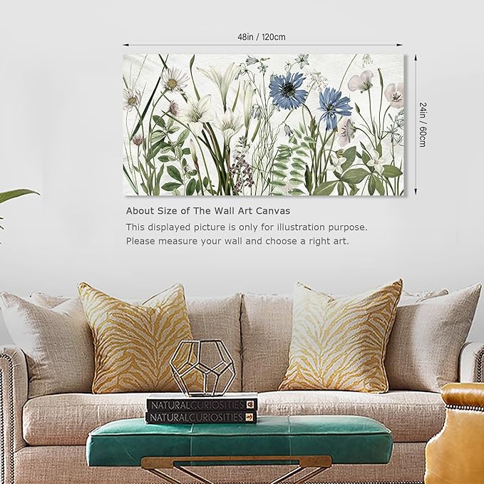 NINEASO Botanical Canvas Wall Art - Wildflower Pictures Floral Wall Decor Nature Prints Green Blue Flower Plants Painting Artwork for Living Room Bedroom Home Office Decorations 24" x 48"