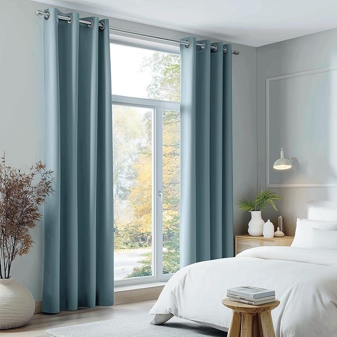 Beauoop Dusty Blue 100% Blackout Curtains 63 Inch Long 2 Panels for Bedroom Living Room Solid Room Darkening Thermal Insulated Soundproof Energy Saving Grommet Top Window Treatment Drapes,52x63 2 Set